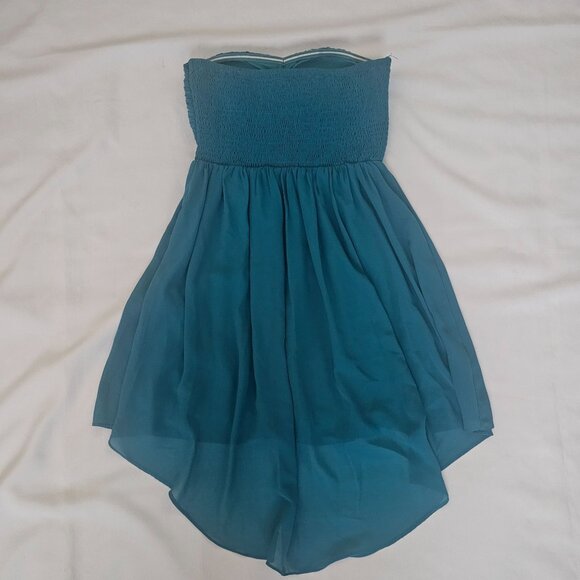 Women's Teal Chiffon Strapless Rhinestone Beaded Bodice High-Low Hem Dress Small - Picture 6 of 10